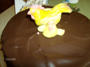 Camilla made a cake, Yarrow made the marzipan rooster, Lily the hen.